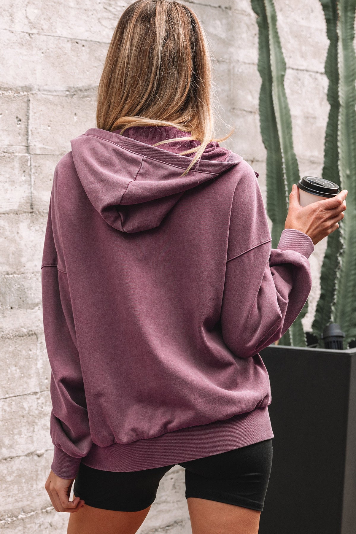 Solid Half-Zip Kangaroo Pocket Baggy Hoodie