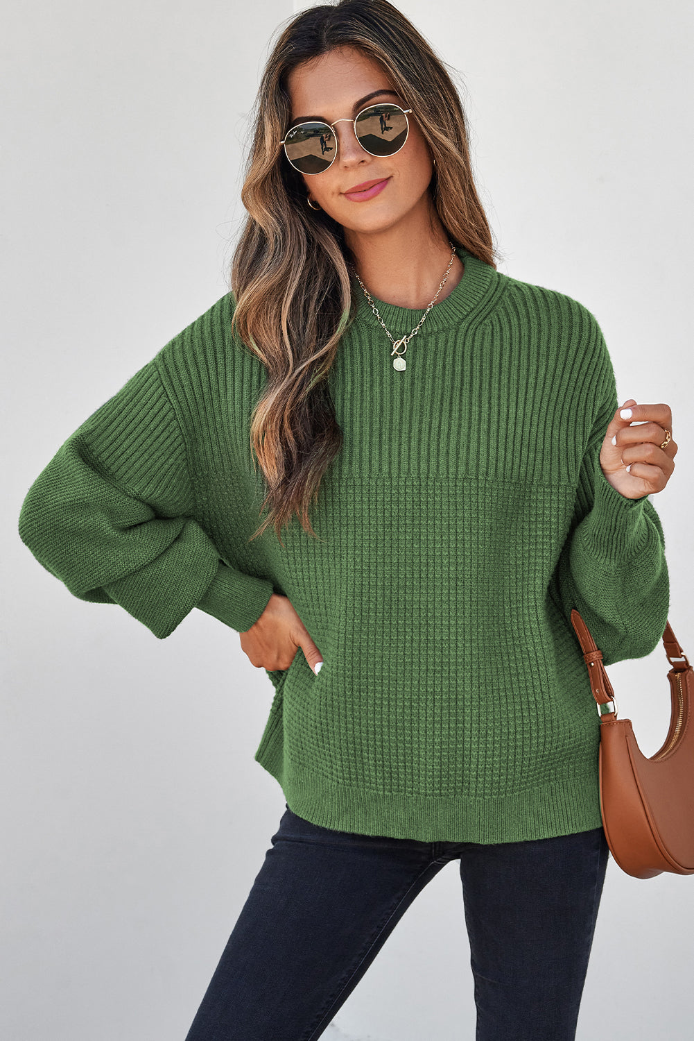 Solid Textured Knit Crewneck Sweater