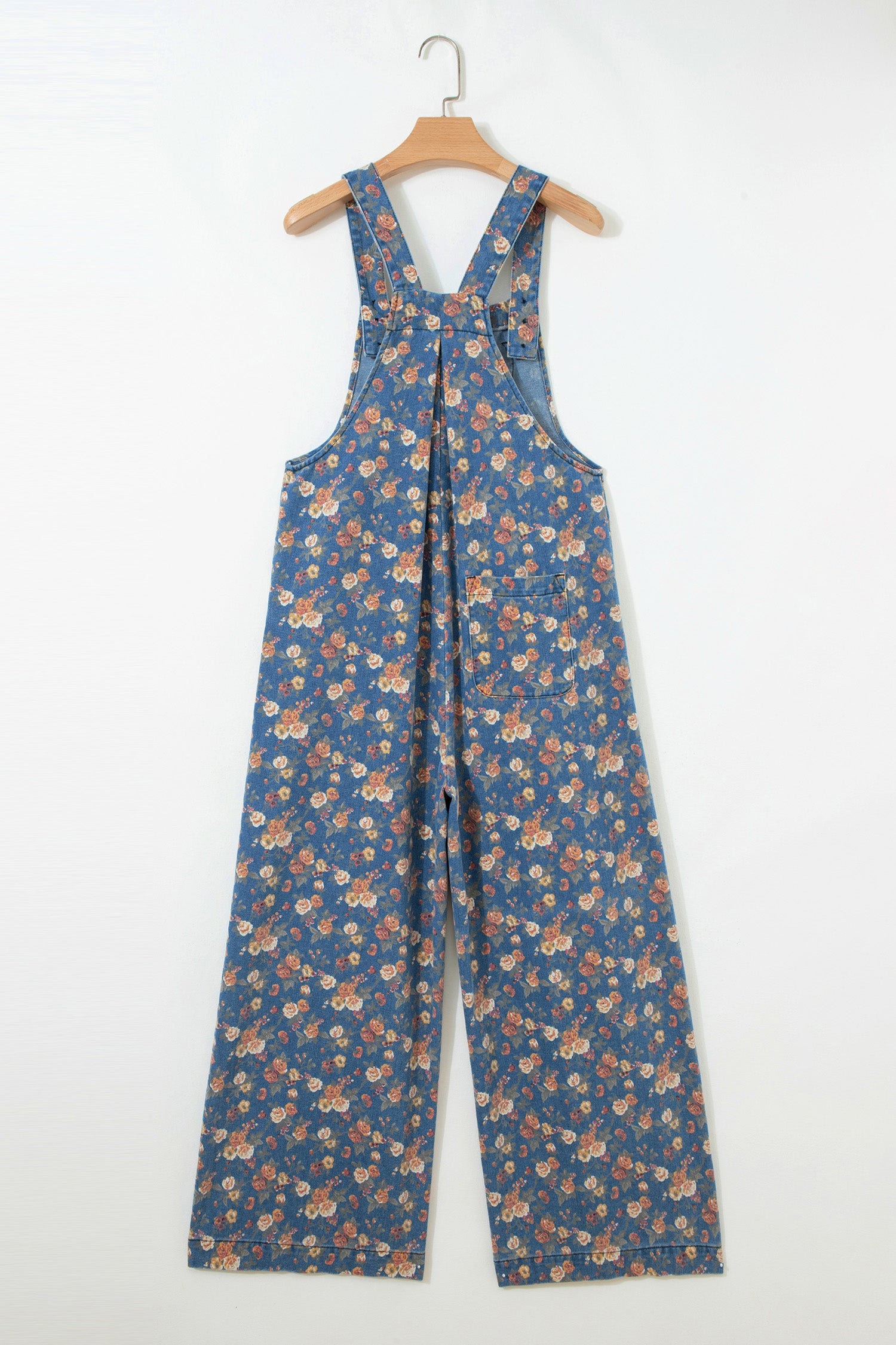 Floral Denim Pleated Wide Leg Jumpsuit