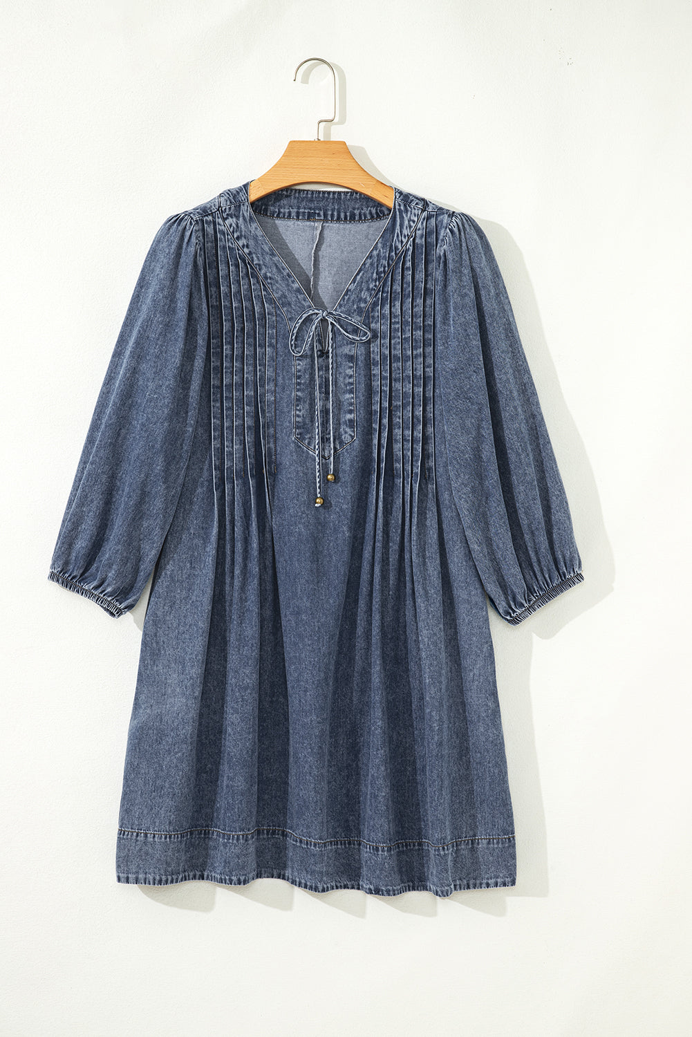Denim 3/4 Sleeve Tied V-Neck Pleated Mini Dress