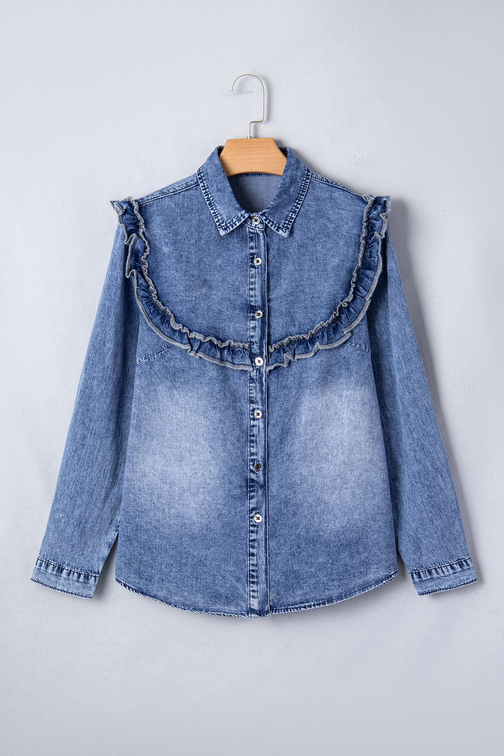 Denim Vintage Wash Ruffle Button-Down Shirt