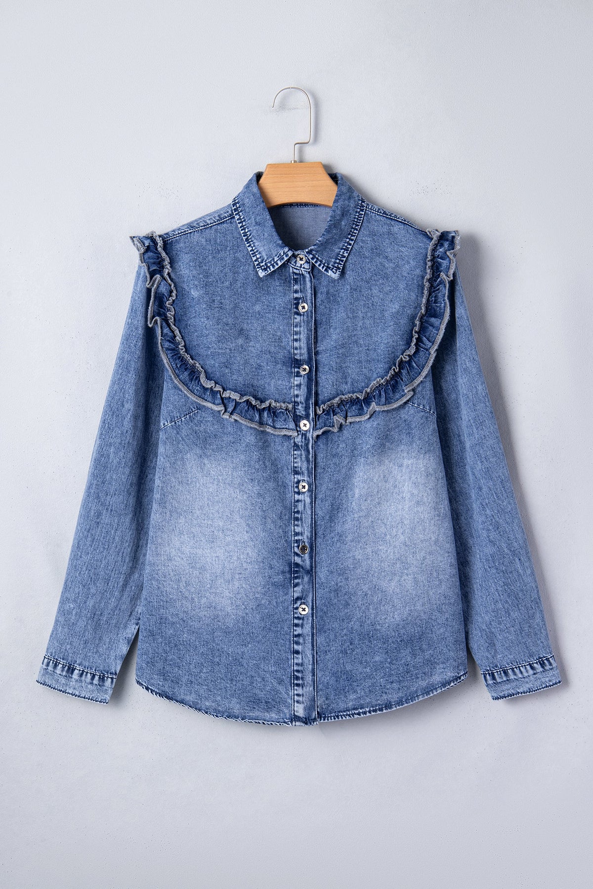 Denim Vintage Wash Ruffle Button-Down Shirt
