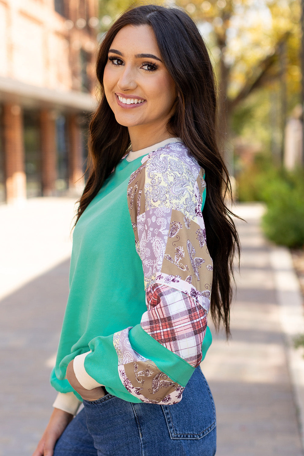Plaid Paisley Patchwork Long Sleeve Top