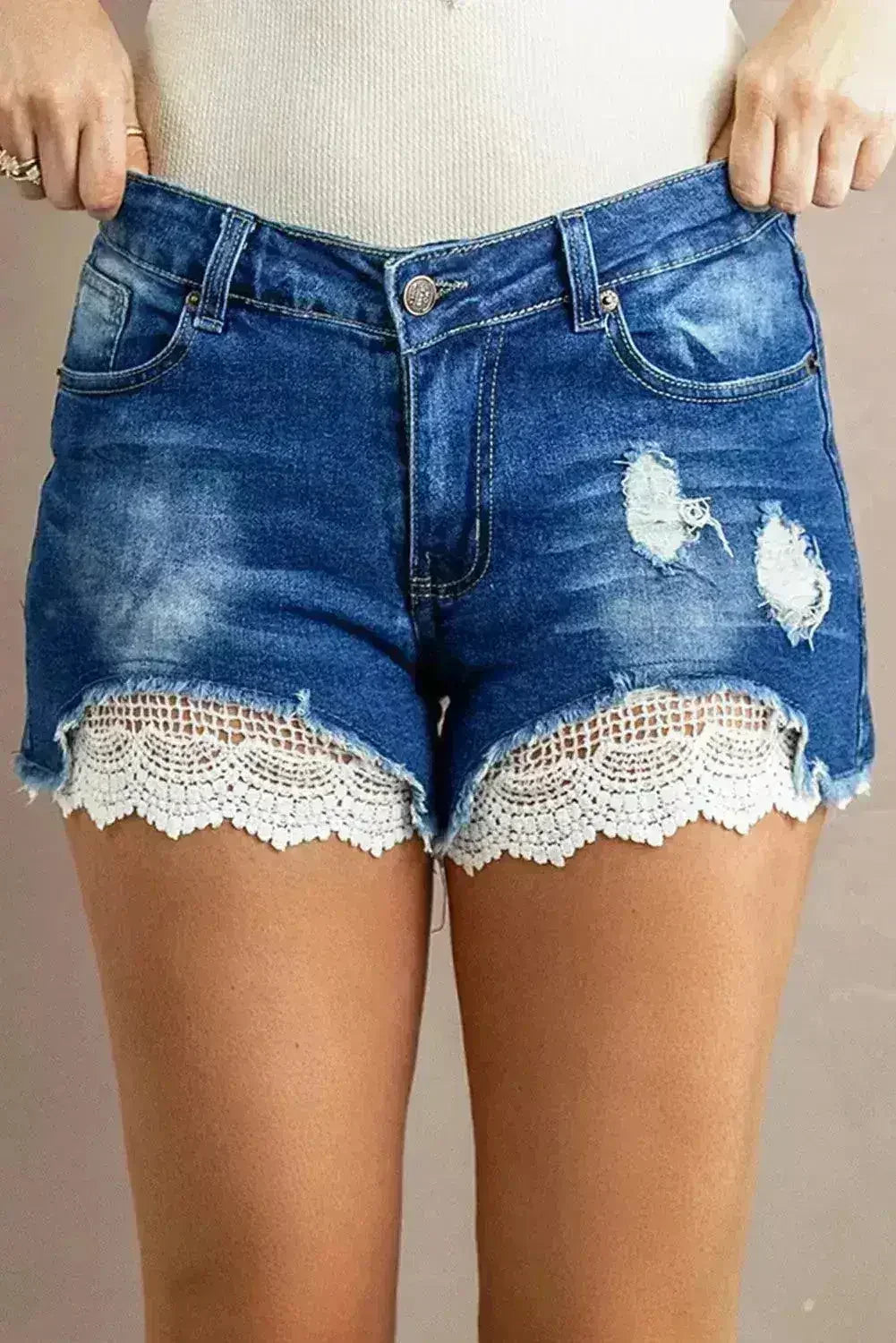 Lace Distressed Jean Shorts