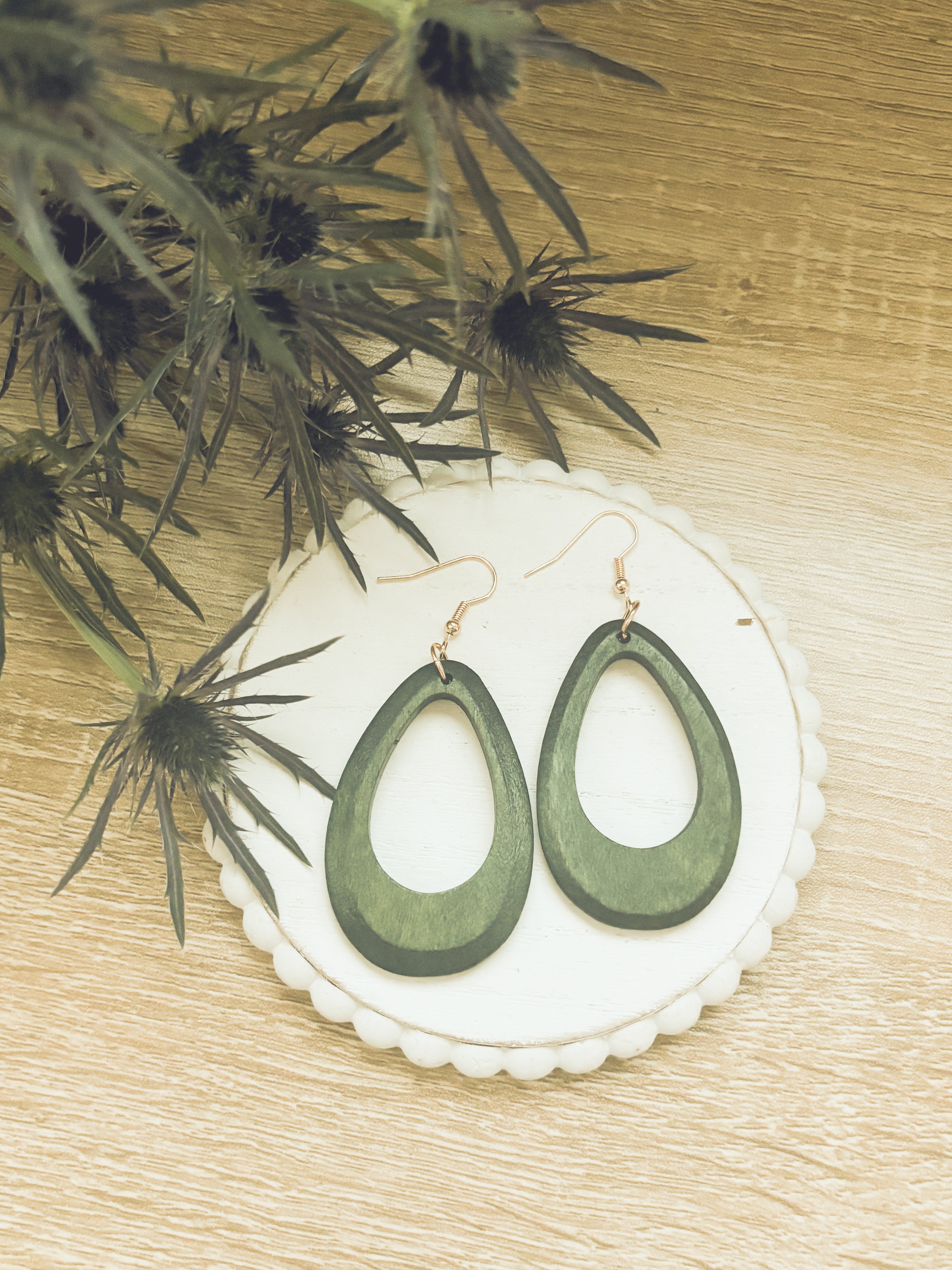 Beautiful Green Boho Wooden Drop Earrings