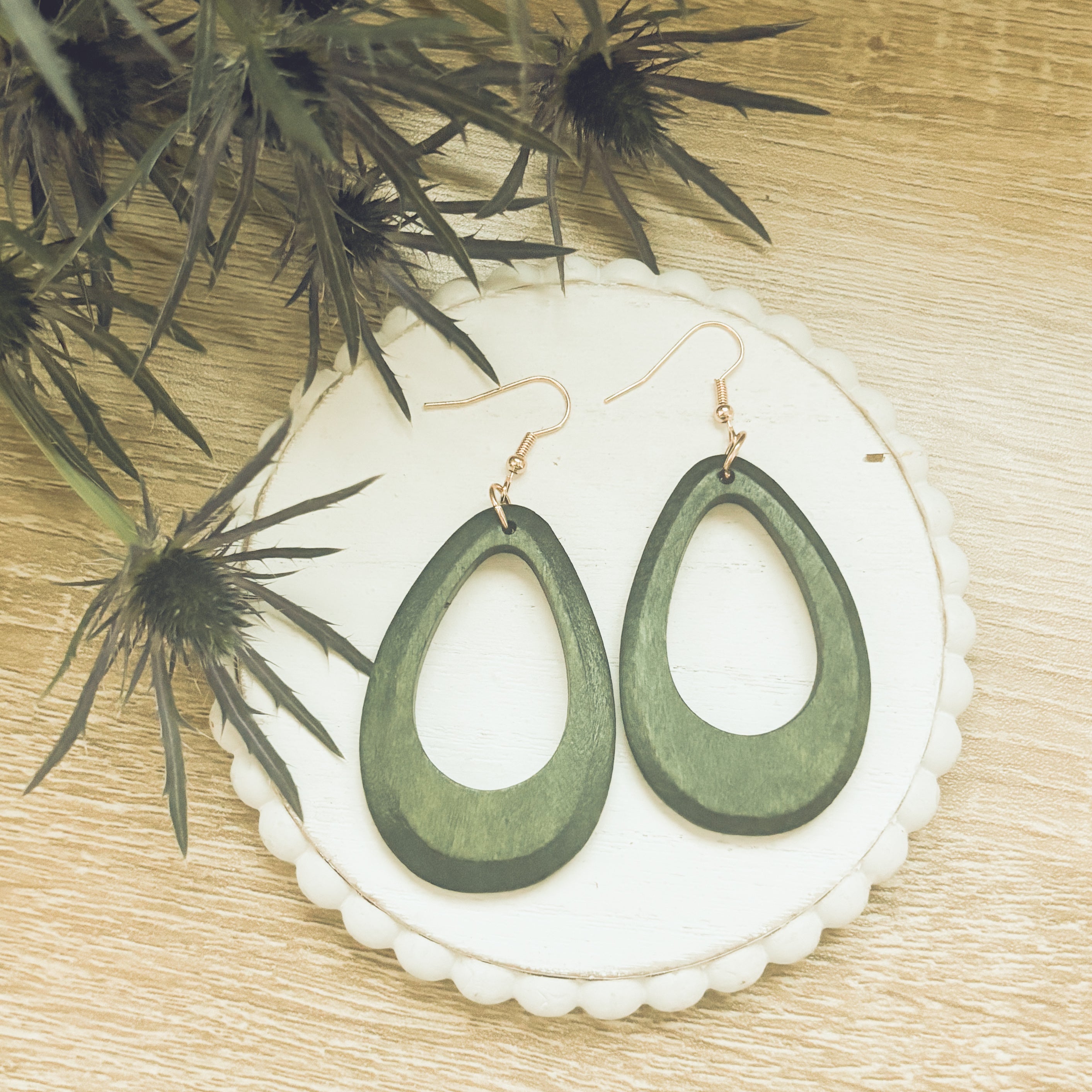 Beautiful Green Boho Wooden Drop Earrings
