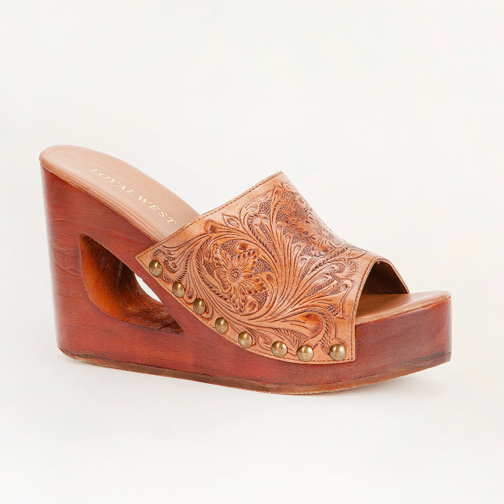 Loyal West Desert Wanderer Sandals - Light Brown Handtooled Leather
