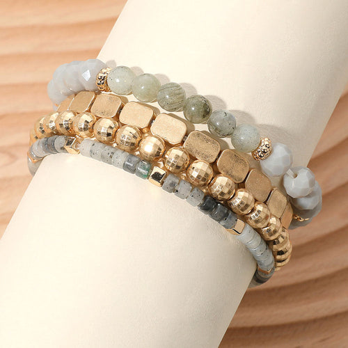 4PCS - Metal Faceted Beaded Stretch Multi Layered Bracelets