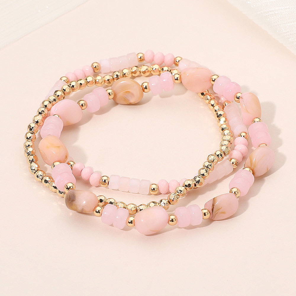 3PCS - Resin Pebble Metal Ball Beaded Stretch Multi Layered Bracelets