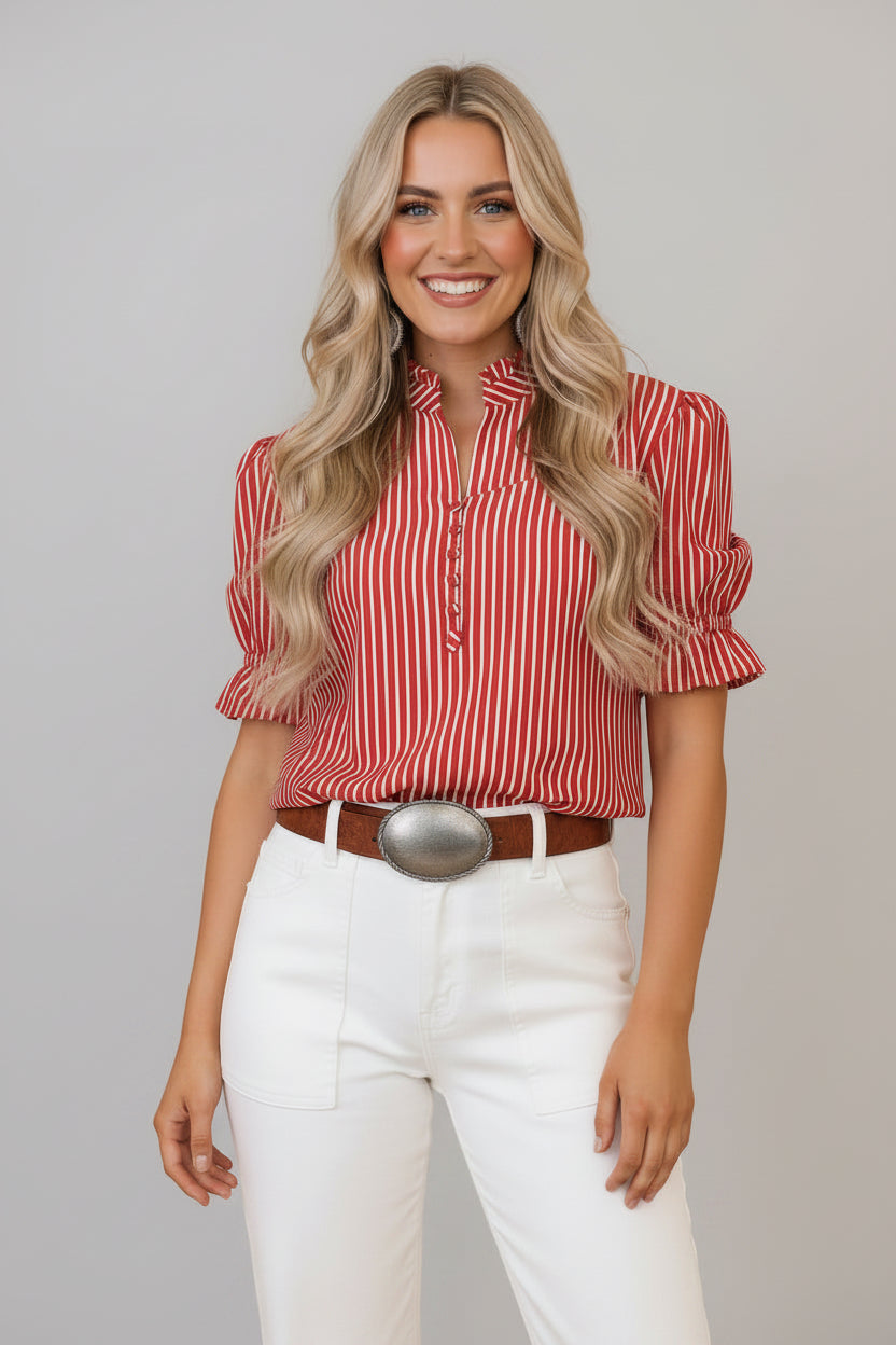 Stripe Ruffle Puff Sleeve Button Front Blouse
