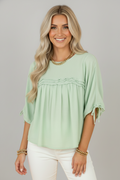 Solid Pleated Tie Sleeve Babydoll Blouse