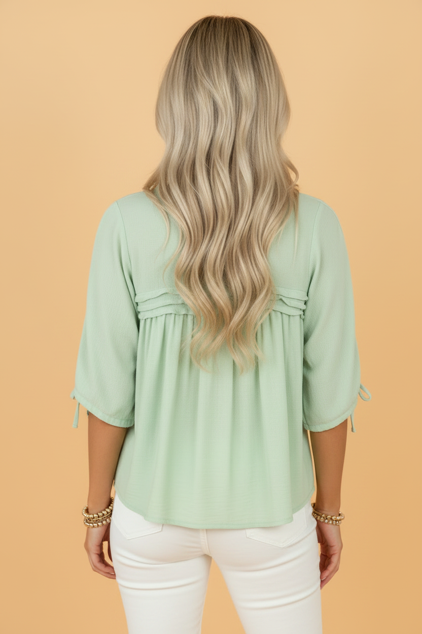 Solid Pleated Tie Sleeve Babydoll Blouse