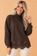 Solid Mock Neck Lace Hem Pullover Sweatshirt