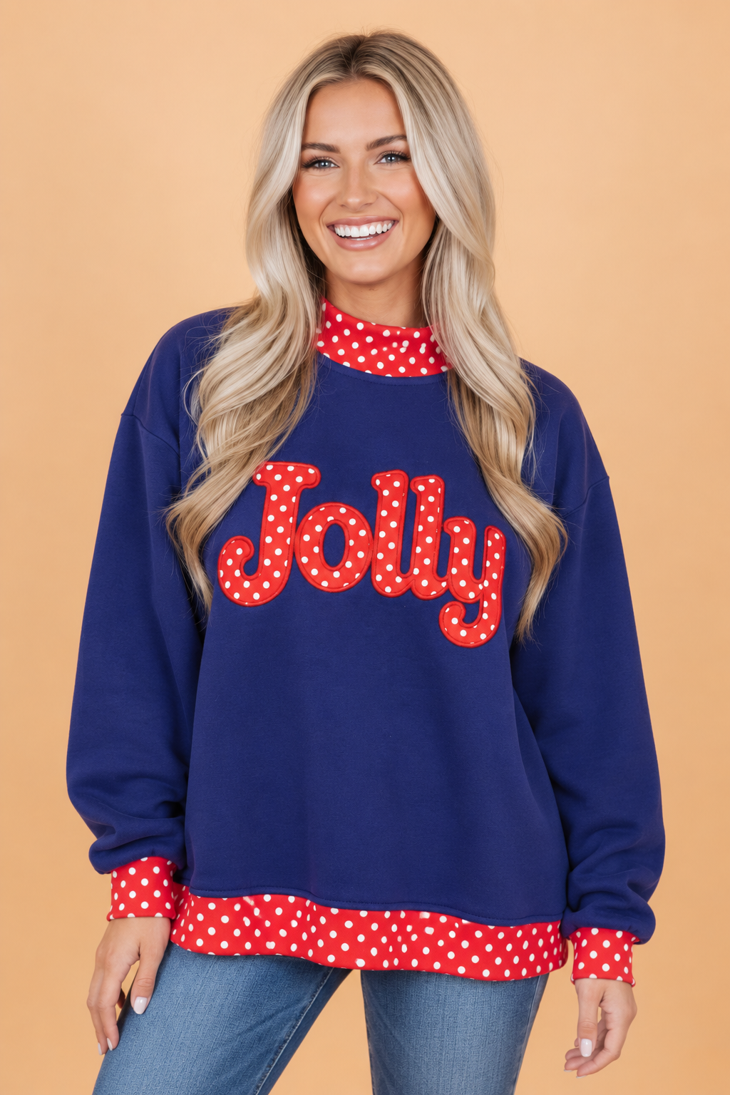 Polka Dot Holiday Letter Patch Mock Neck Sweatshirt