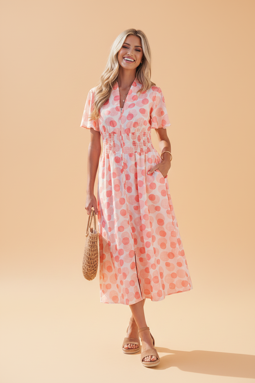 Polka Dot Ruffle Zip Up Short Sleeve Midi Dress
