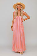Stripe Textured Knit Ruffle Tie Back Maxi Dress