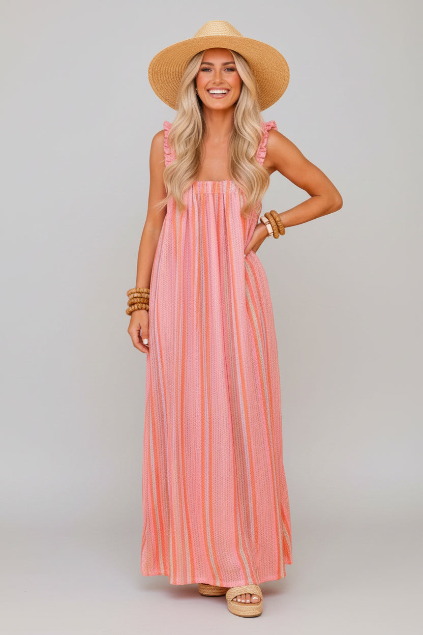 Stripe Textured Knit Ruffle Tie Back Maxi Dress