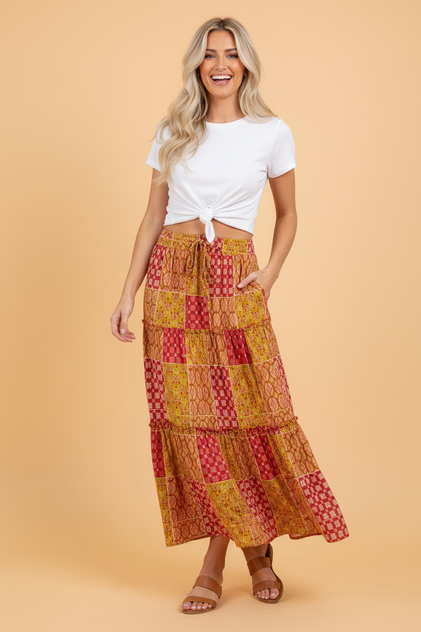 Paisley Ruffle Tiered Pocketed Maxi Skirt