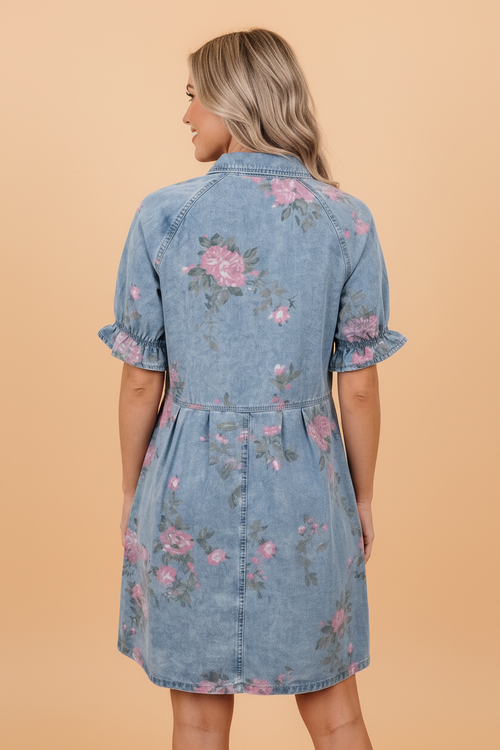 Floral Denim Short Sleeve Button Down Dress
