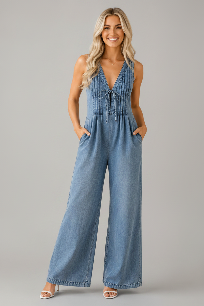 Acid Wash Denim Pleated Tie V-Neck Jumpsuit