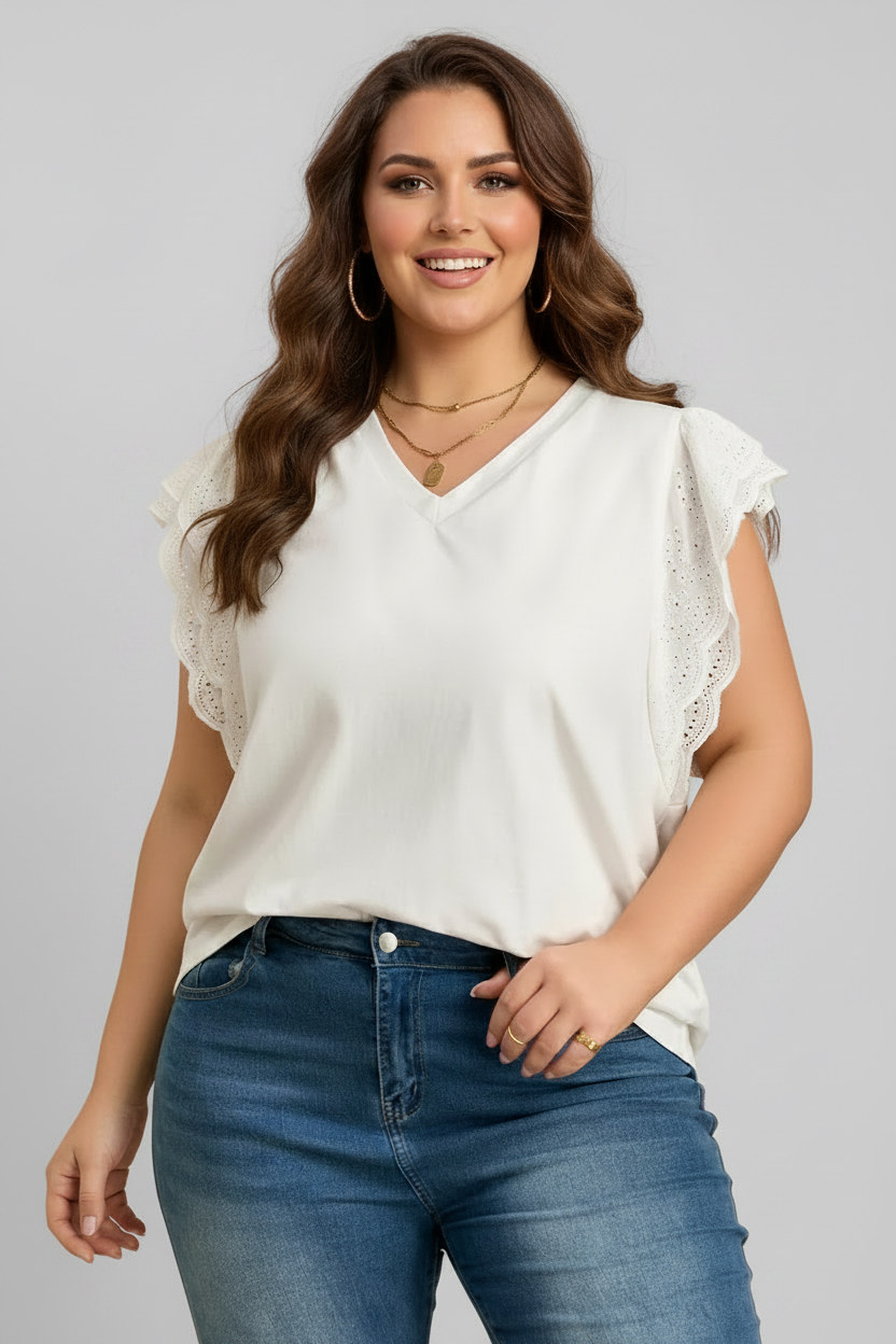 Plus Size Embroidered Eyelet Patchwork Short Sleeve Tee