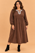 Plus Size Textured Corduroy Embroidered Neckline Midi Dress