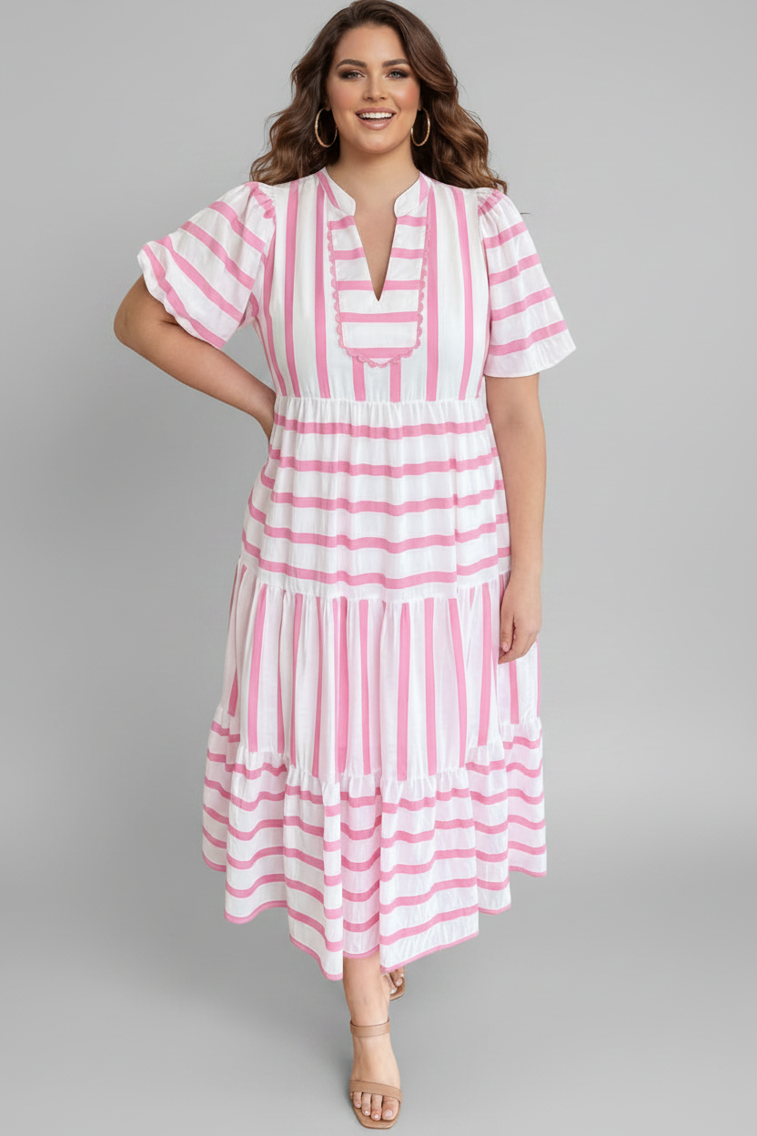 Plus Size Stripe V-Neck Tiered Maxi Dress
