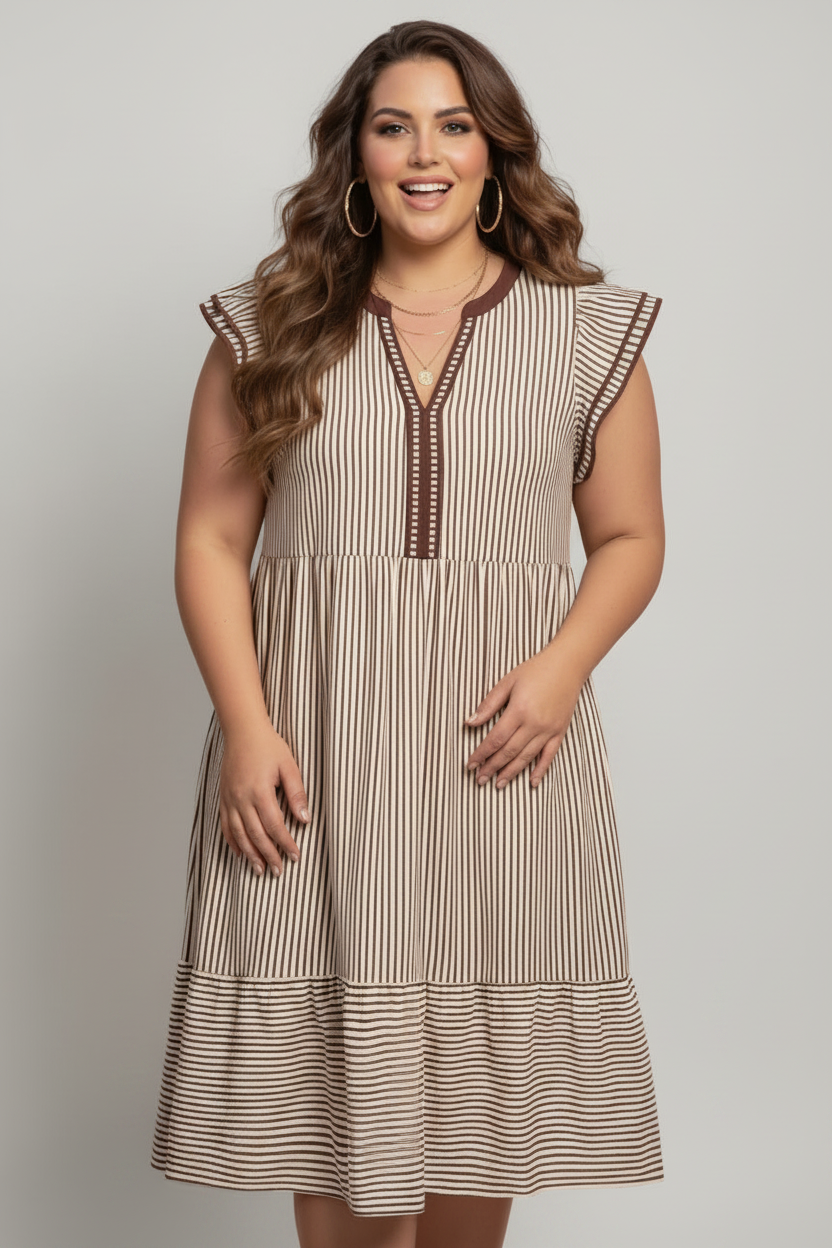 Plus Size Stripe Flutter Sleeve V-Neck Maxi Dress