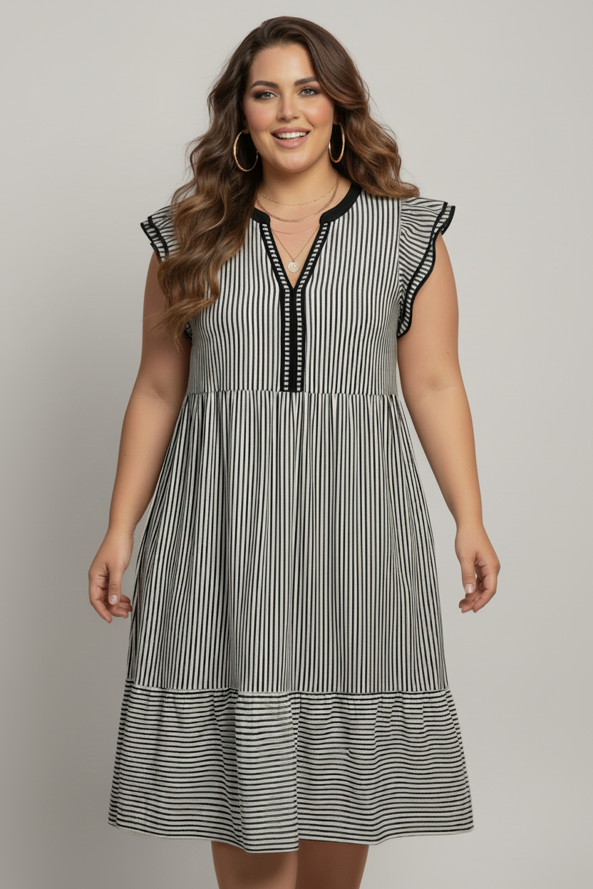 Plus Size Stripe Flutter Sleeve V-Neck Maxi Dress