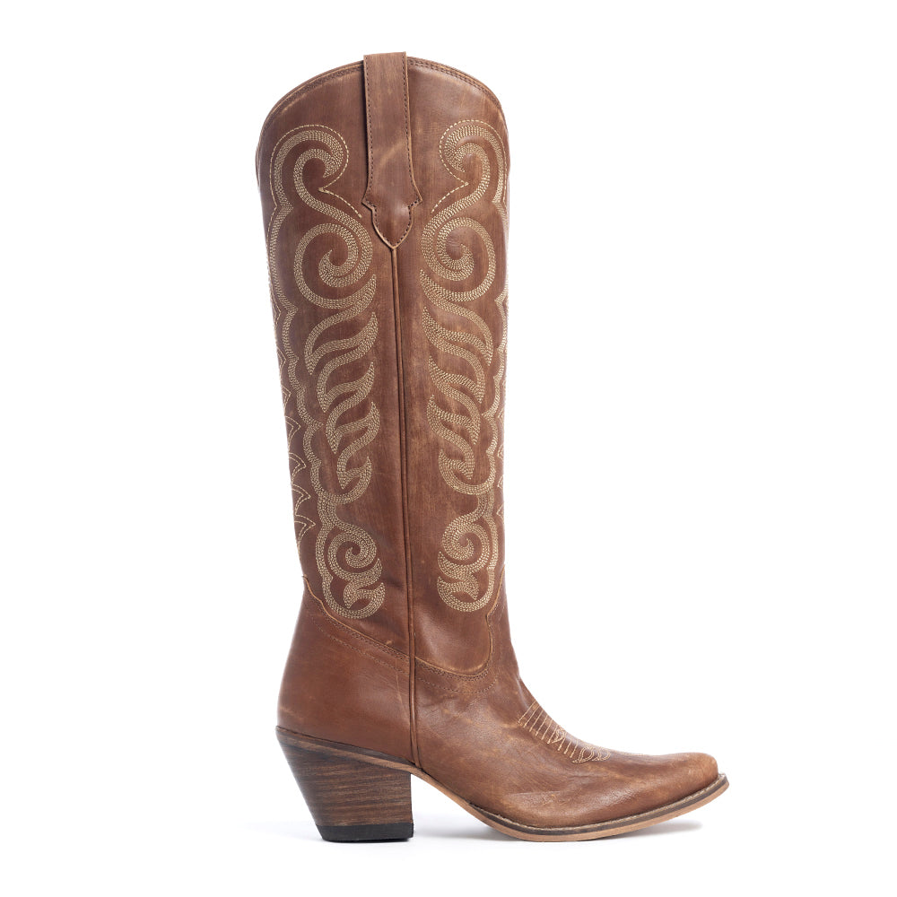 Myra Nalejandra Mocha Brown Leather Boots for Women - Embroidered Tall Western Heels with Pointed Toe for Festive Country Style