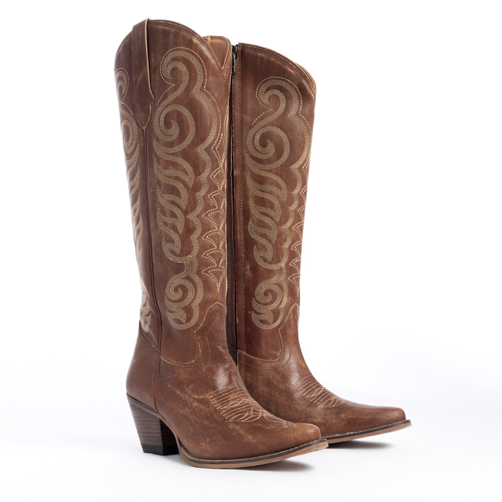 Myra Nalejandra Mocha Brown Leather Boots for Women - Embroidered Tall Western Heels with Pointed Toe for Festive Country Style
