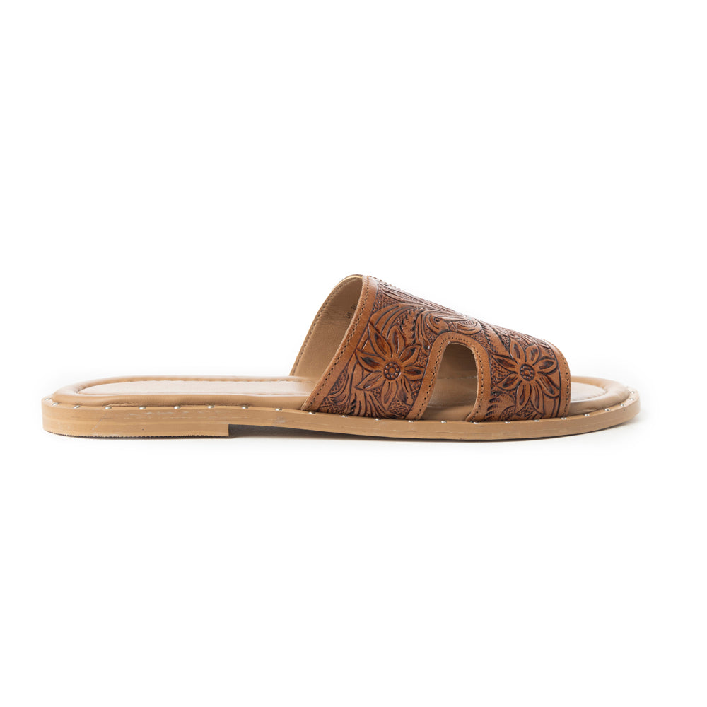 Myra Carmina Anne Tan Embossed Leather Slip-On Sandals for Women Western H-Cut Slides with Studded Trim