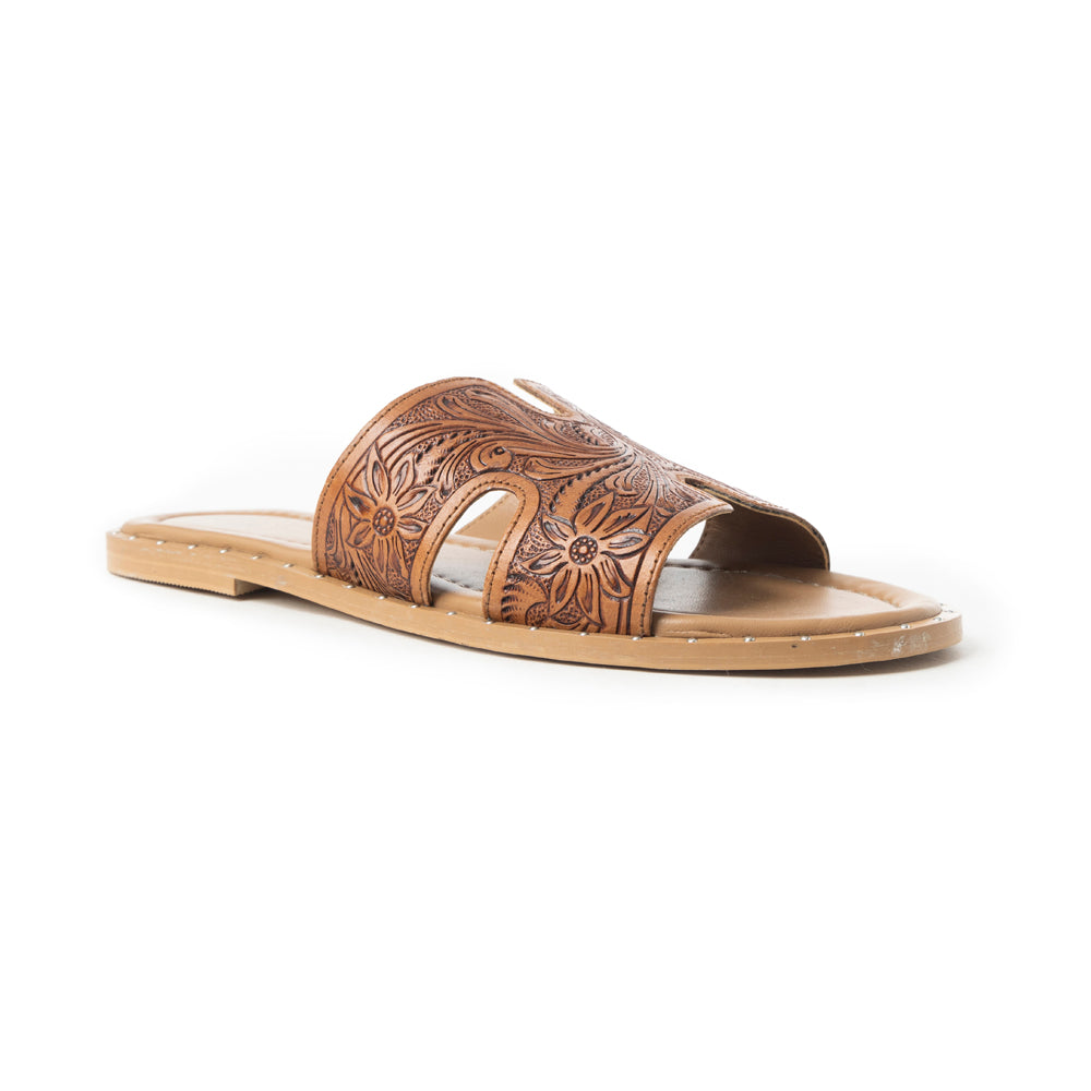 Myra Carmina Anne Tan Embossed Leather Slip-On Sandals for Women Western H-Cut Slides with Studded Trim