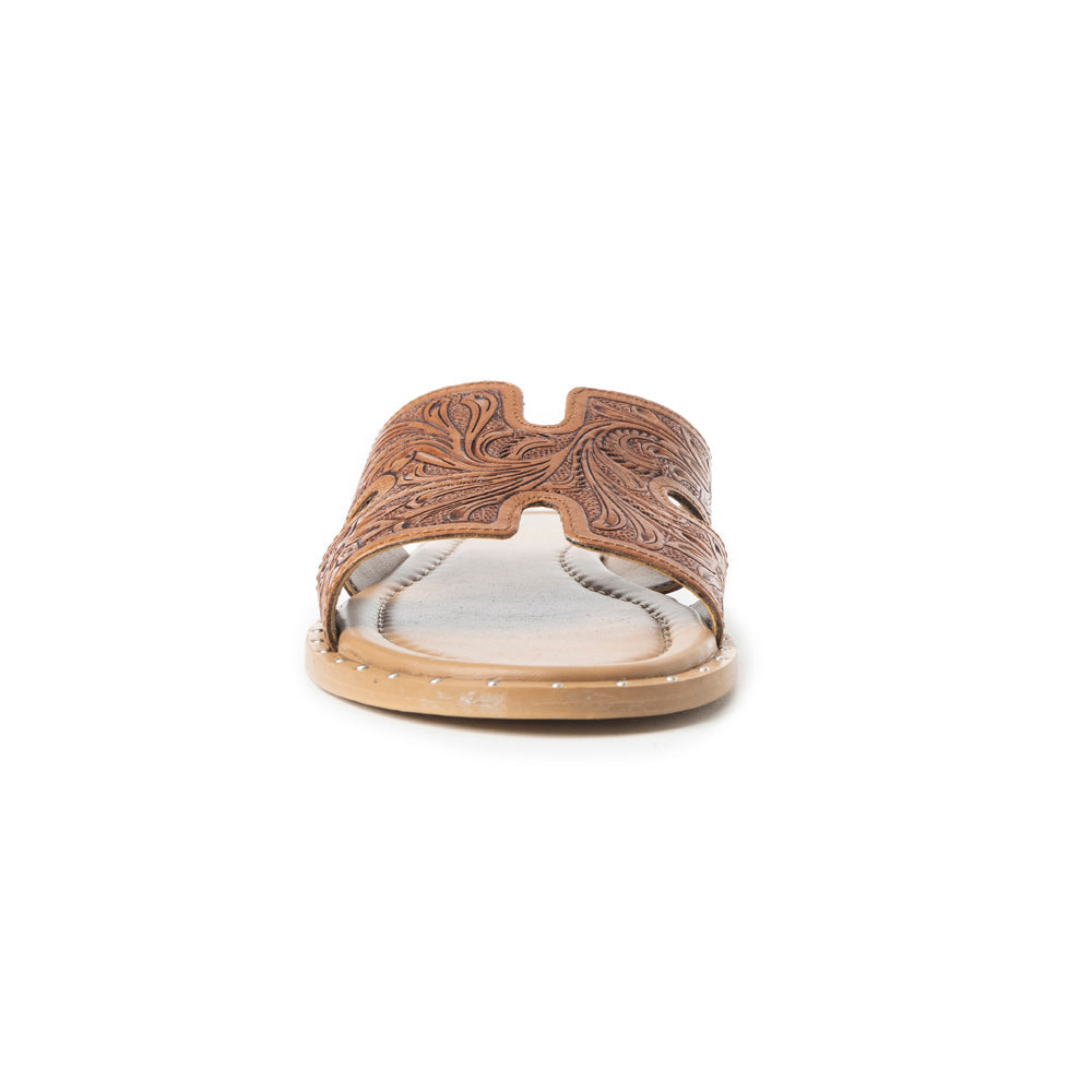 Myra Carmina Anne Tan Embossed Leather Slip-On Sandals for Women Western H-Cut Slides with Studded Trim