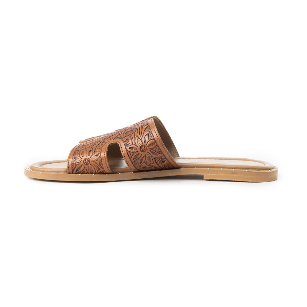 Myra Carmina Anne Tan Embossed Leather Slip-On Sandals for Women Western H-Cut Slides with Studded Trim
