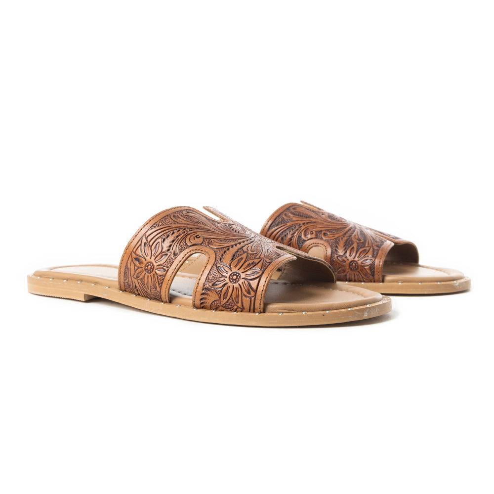 Myra Carmina Anne Tan Embossed Leather Slip-On Sandals for Women Western H-Cut Slides with Studded Trim