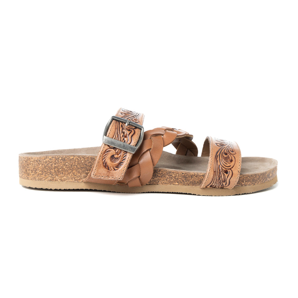 Dustbark Handtooled Leather Sandals in Rustic Tan