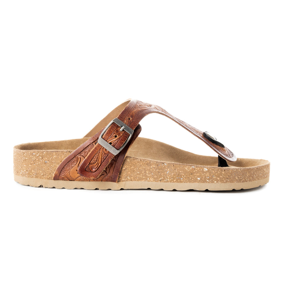Myra Crockler Handtooled Leather Sandals for Women Adjustable Western Straps with Comfortable Cork Sole and Engraved Floral Pattern