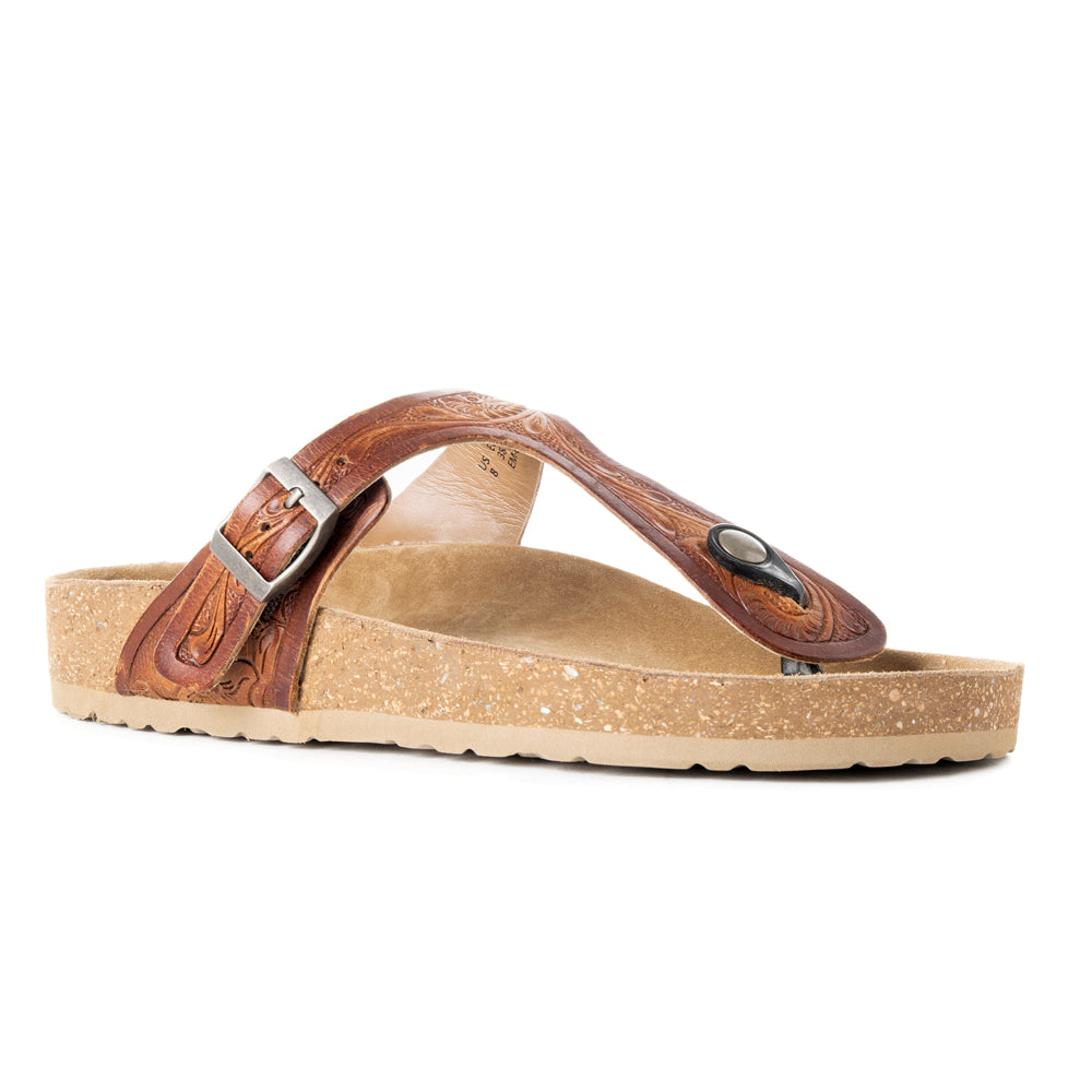 Myra Crockler Handtooled Leather Sandals for Women Adjustable Western Straps with Comfortable Cork Sole and Engraved Floral Pattern