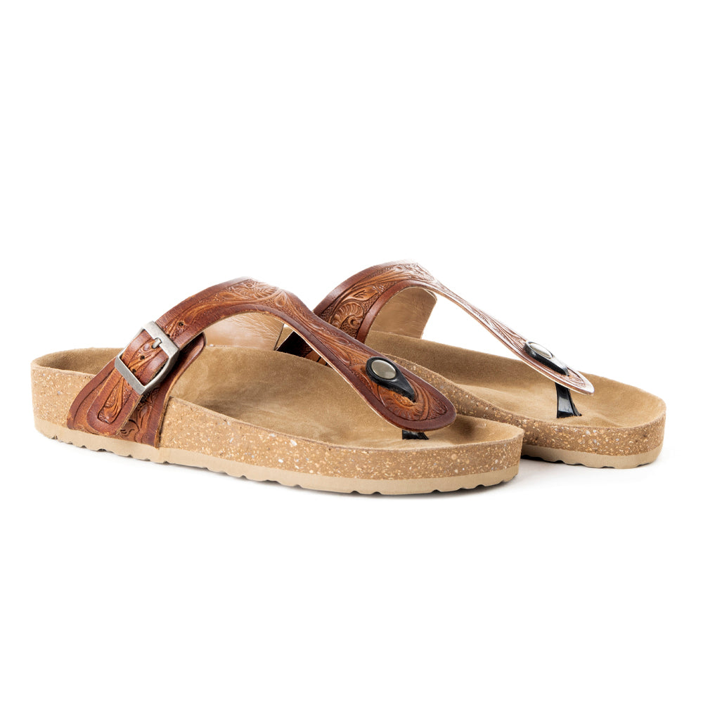 Myra Crockler Handtooled Leather Sandals for Women Adjustable Western Straps with Comfortable Cork Sole and Engraved Floral Pattern