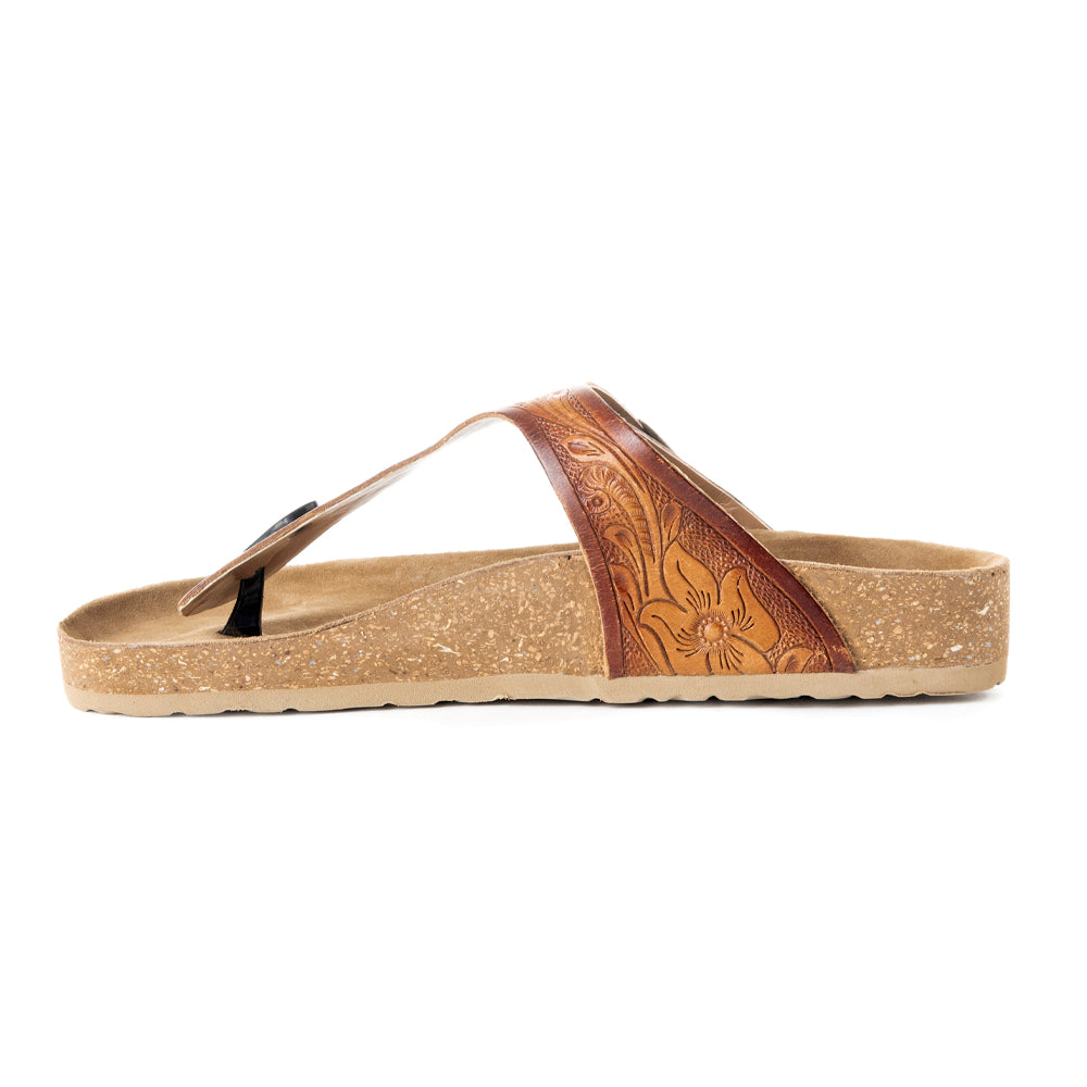 Myra Crockler Handtooled Leather Sandals for Women Adjustable Western Straps with Comfortable Cork Sole and Engraved Floral Pattern