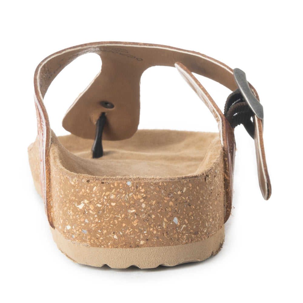 Myra Crockler Handtooled Leather Sandals for Women Adjustable Western Straps with Comfortable Cork Sole and Engraved Floral Pattern