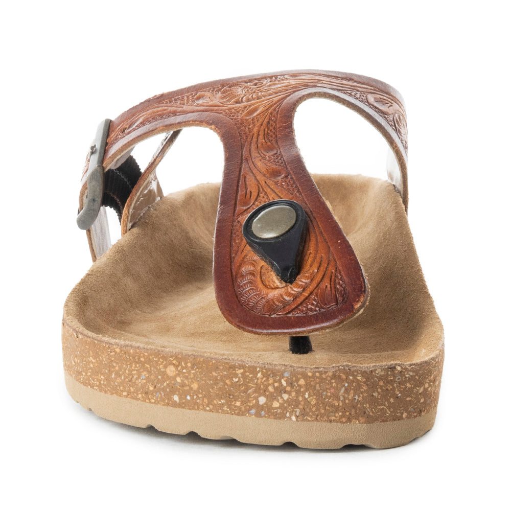 Myra Crockler Handtooled Leather Sandals for Women Adjustable Western Straps with Comfortable Cork Sole and Engraved Floral Pattern