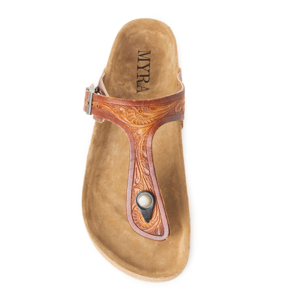 Myra Crockler Handtooled Leather Sandals for Women Adjustable Western Straps with Comfortable Cork Sole and Engraved Floral Pattern
