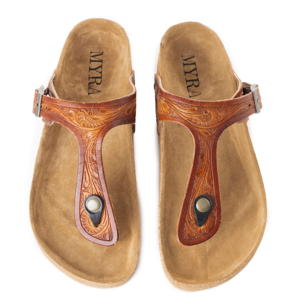 Myra Crockler Handtooled Leather Sandals for Women Adjustable Western Straps with Comfortable Cork Sole and Engraved Floral Pattern