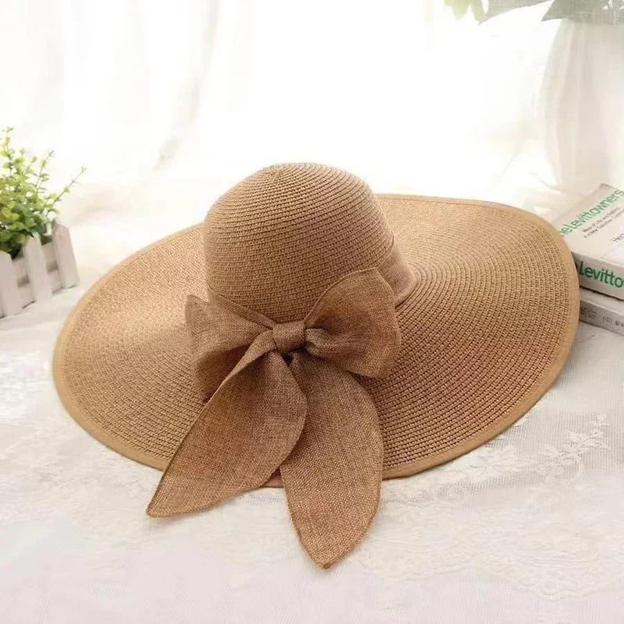 Ladies' hats, spring and summer new styles, large brimmed straw hats, summer UV resistant sun hats, foldable bow shaped sun hats