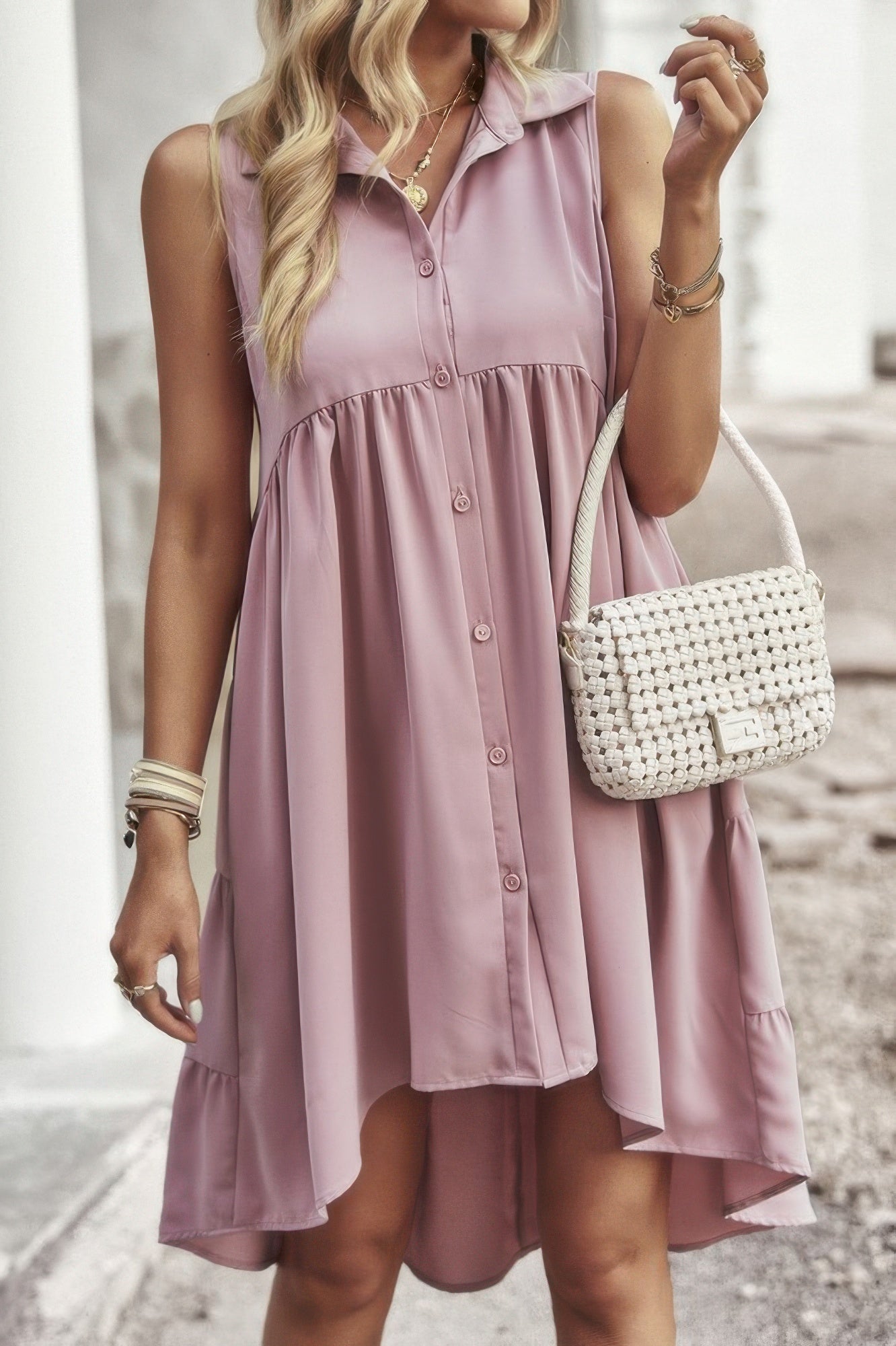 Sleeveless Solid Peplum Shirt Dress