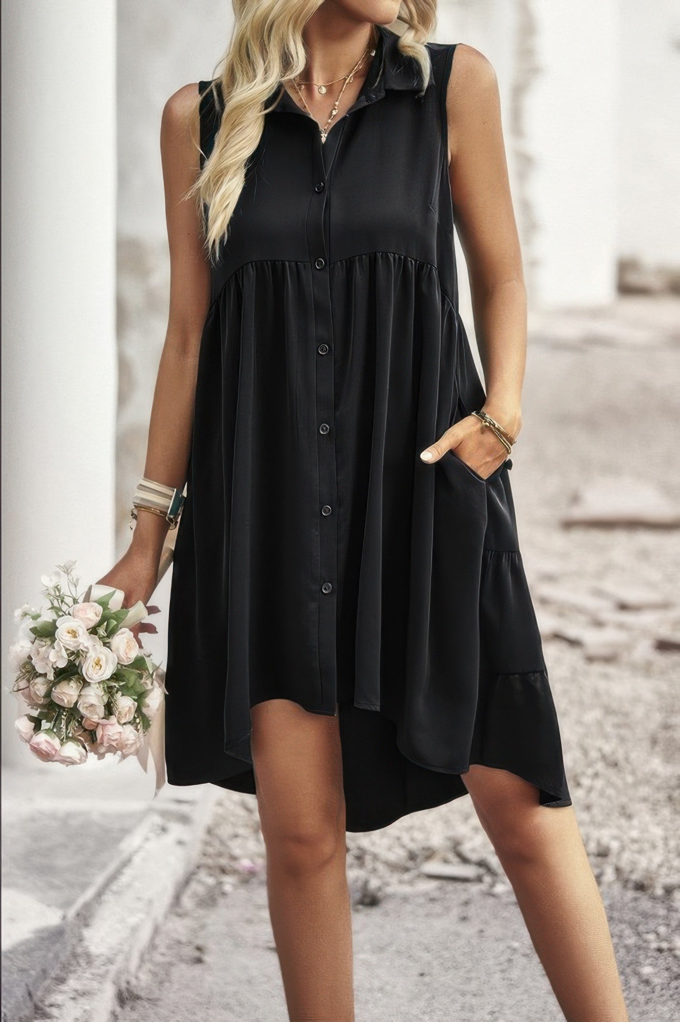 Sleeveless Solid Peplum Shirt Dress