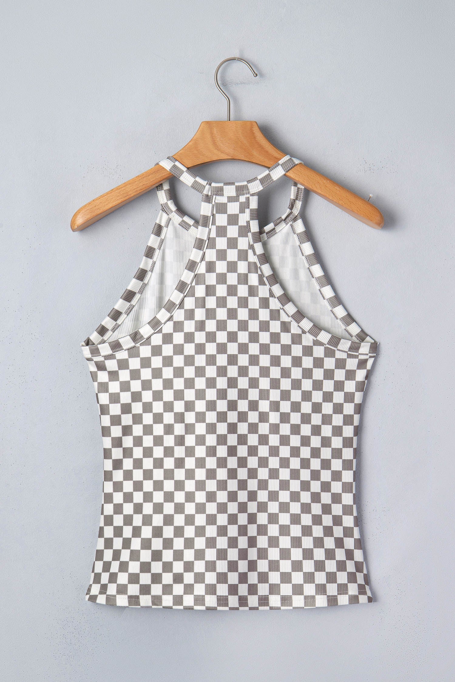 Checker Ribbed Knit Halter Tank Top