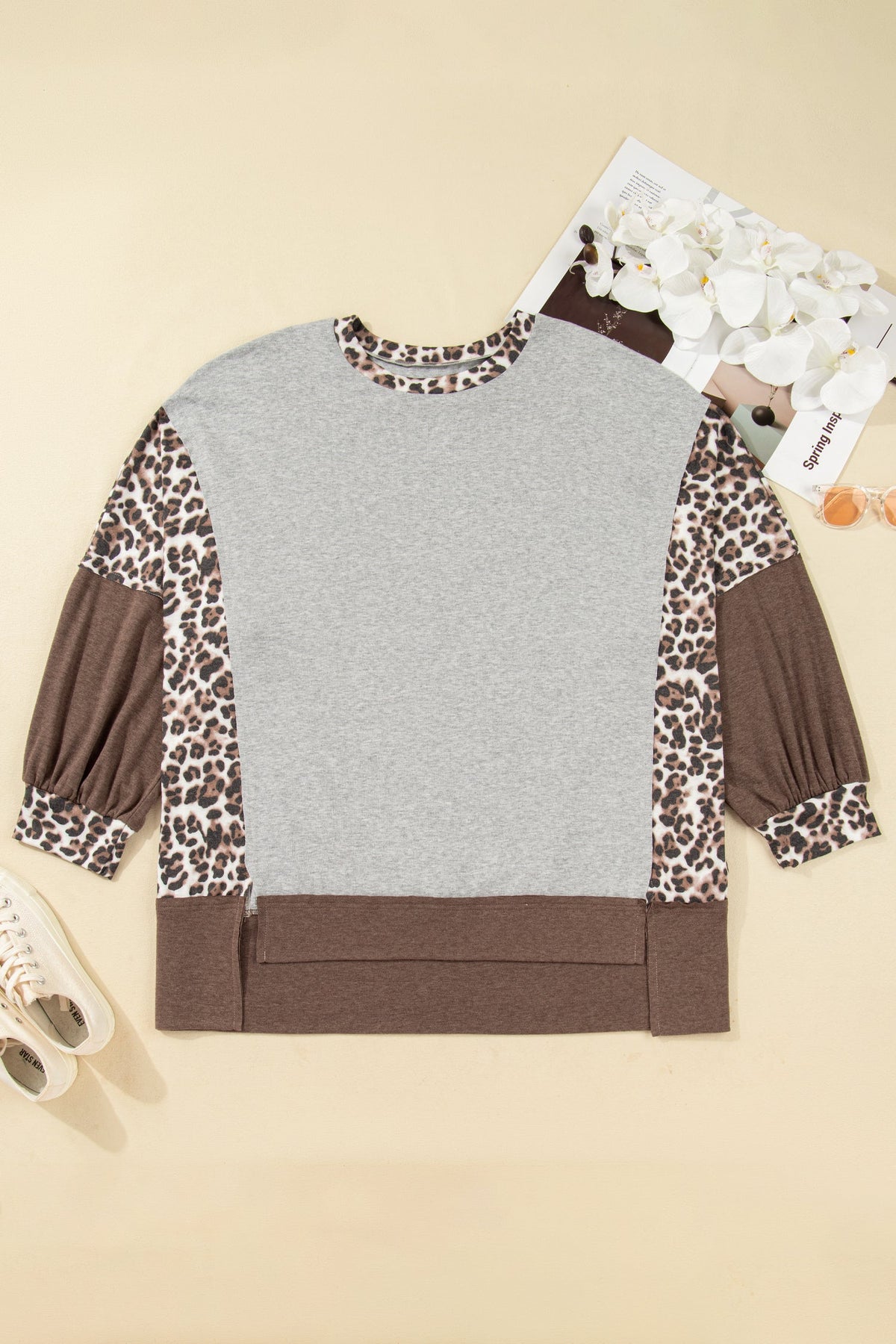 Plus Size Leopard Patchwork Dolman Sleeve Sweatshirt
